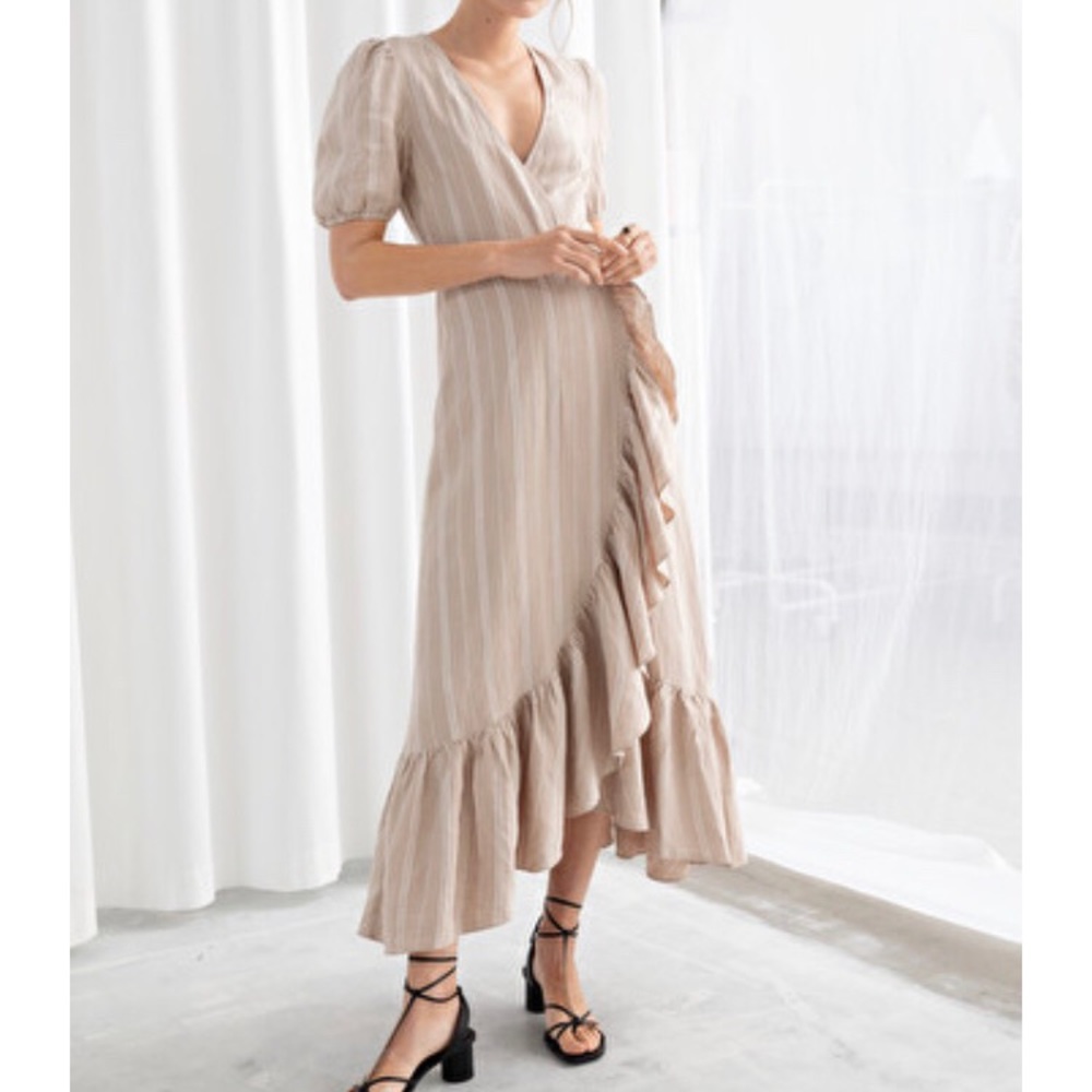 Ruffle Linen Wrap Midi Dress